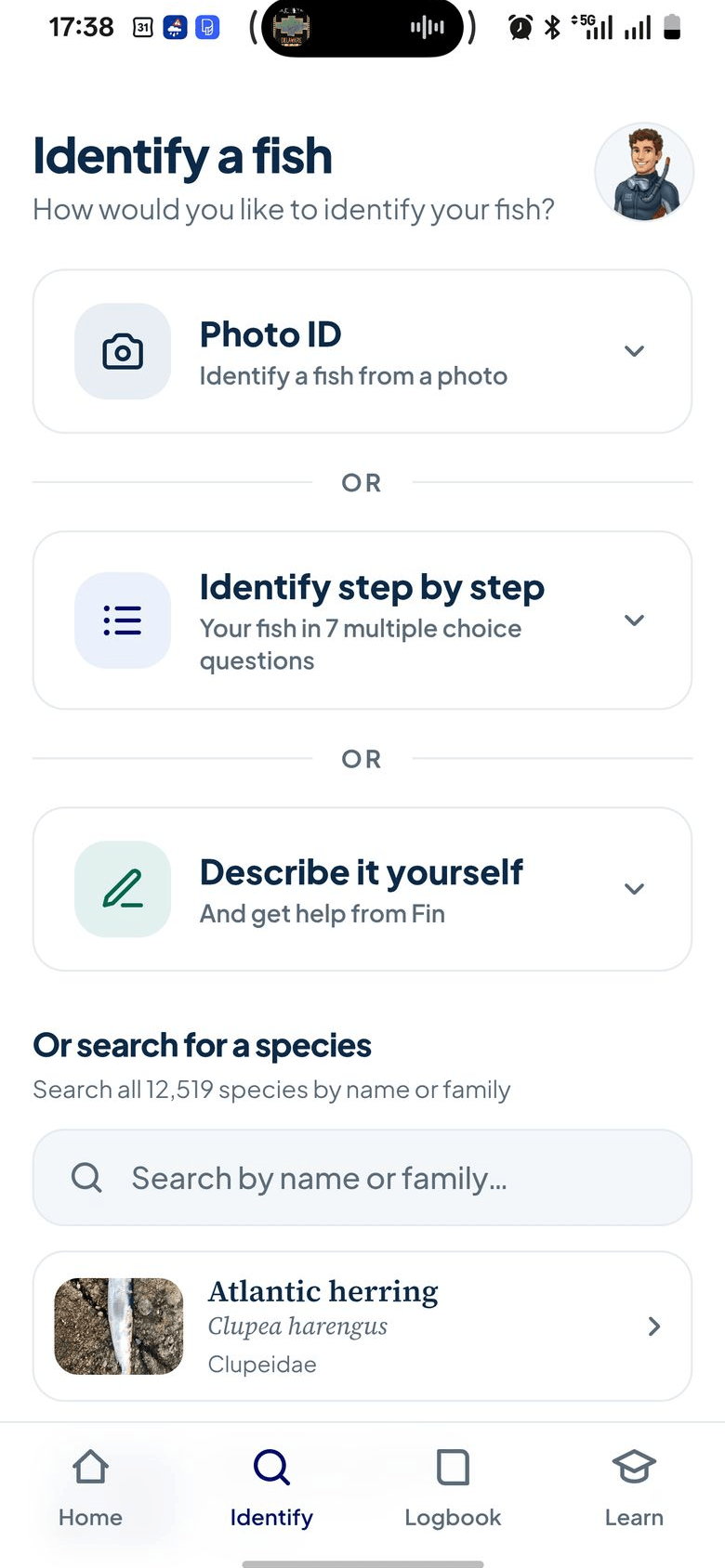 Fin’s Fish Guide app — fish identification screen